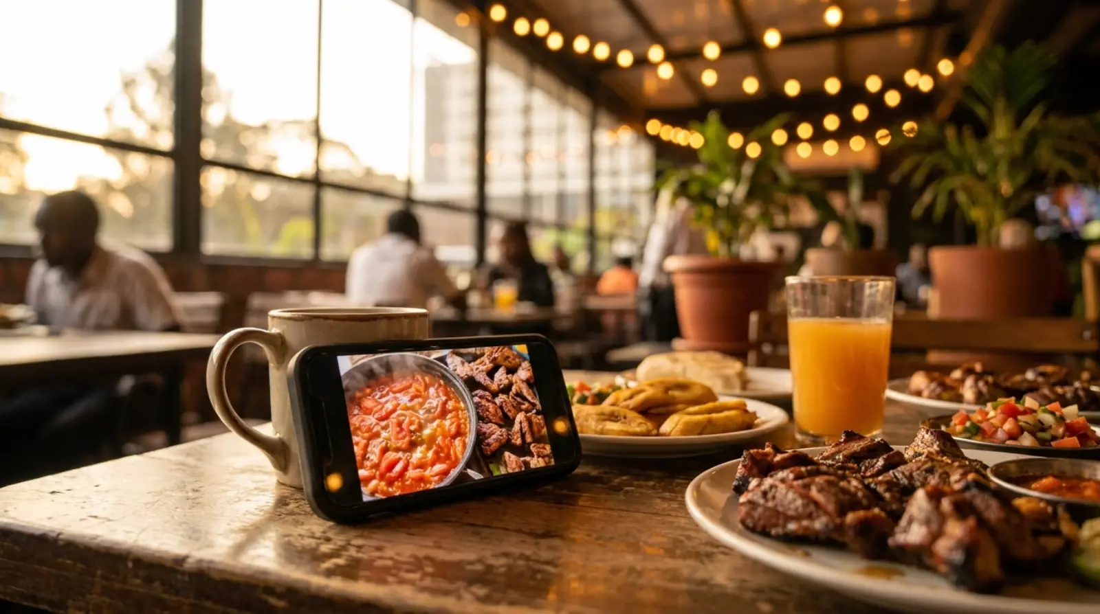 A diner's phone on a restaurant table playing a dish video, plates of grilled Kenyan food around it