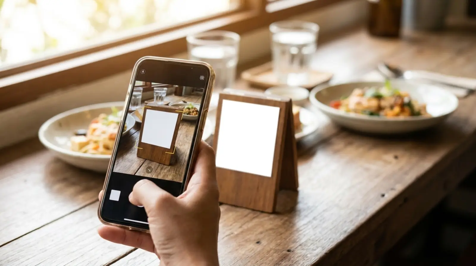 A hand scanning a QR code on a restaurant table